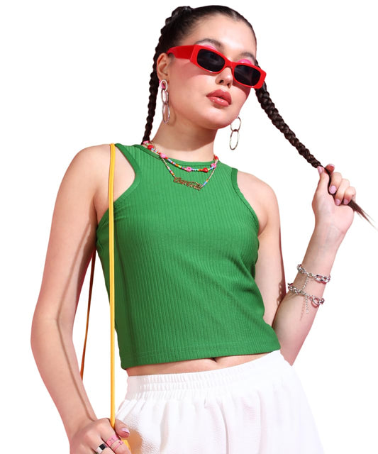 POPWINGS Women Casual Green Rib Tank Crop Top Tops for Women | Stylish Tops for Women | Trendy Tops Women