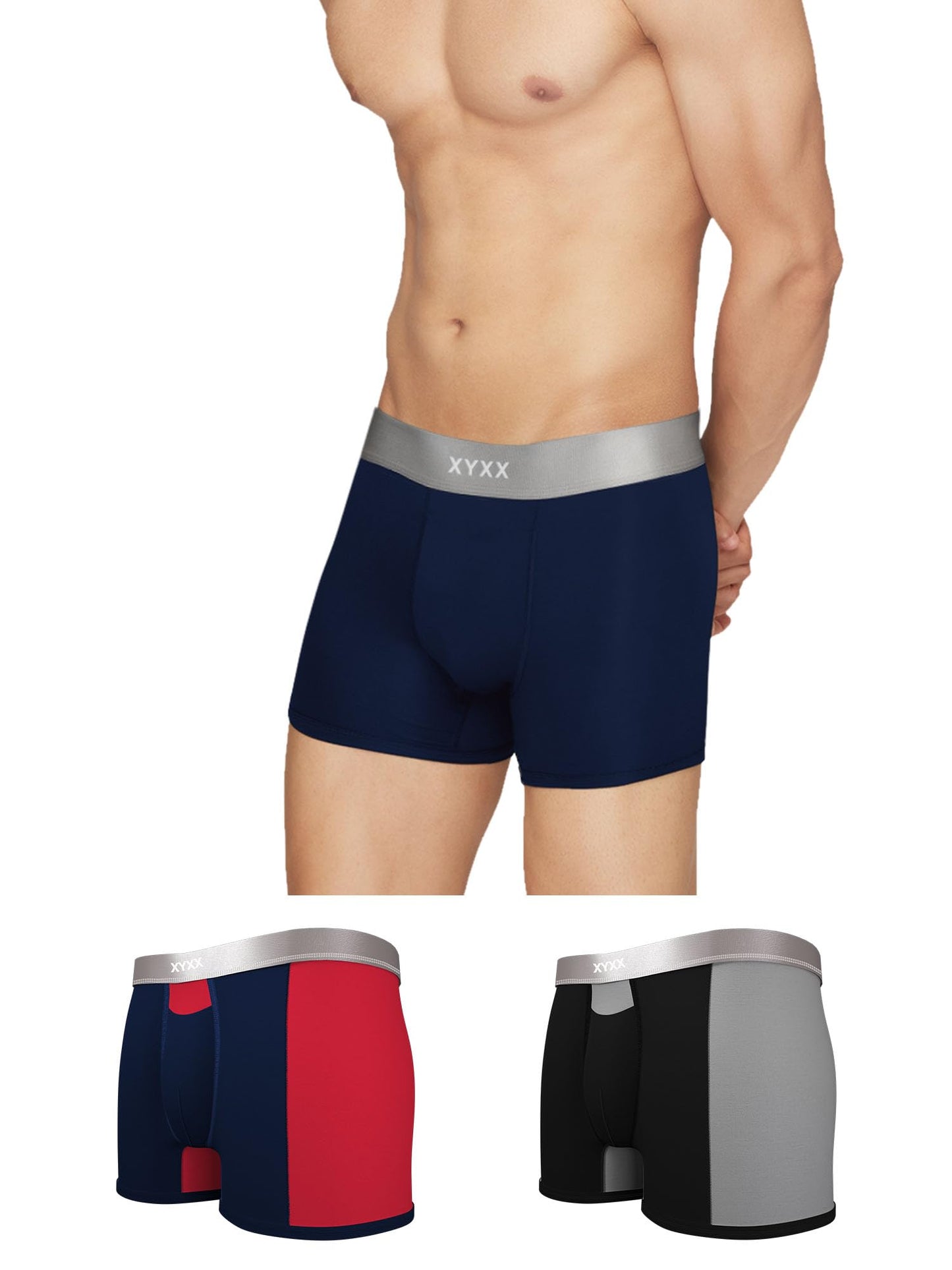 XYXX Mens Underwear Illuminati IntelliSoft Antimicrobial Micro Modal Trunk Pack of 3 (Black Iris & Tango Red ; Black & Steel Gr