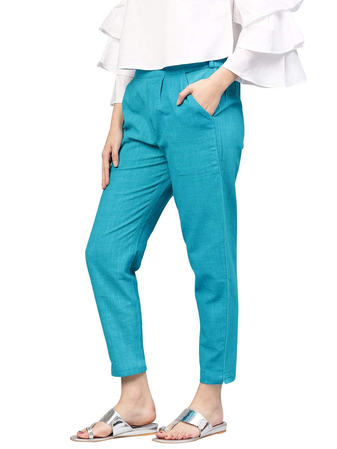 Digital Shopee Women Regular Fit Elastic Waist Full Length Cotton Formal Trouser For Casual Wear, Office Wear Turquoise