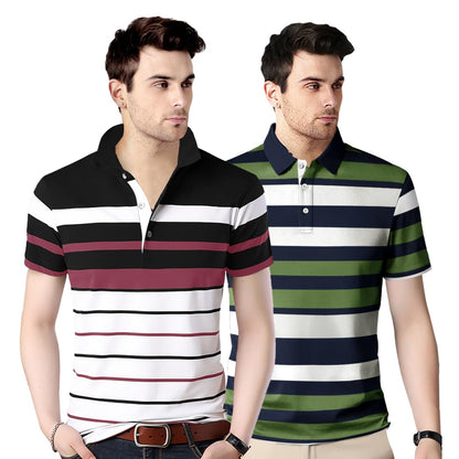 Noble Monk MenS Regular Fit Polo Neck T-Shirt | Half Sleeve | Stripe On Chest | Collared Neck Tshirt For Men