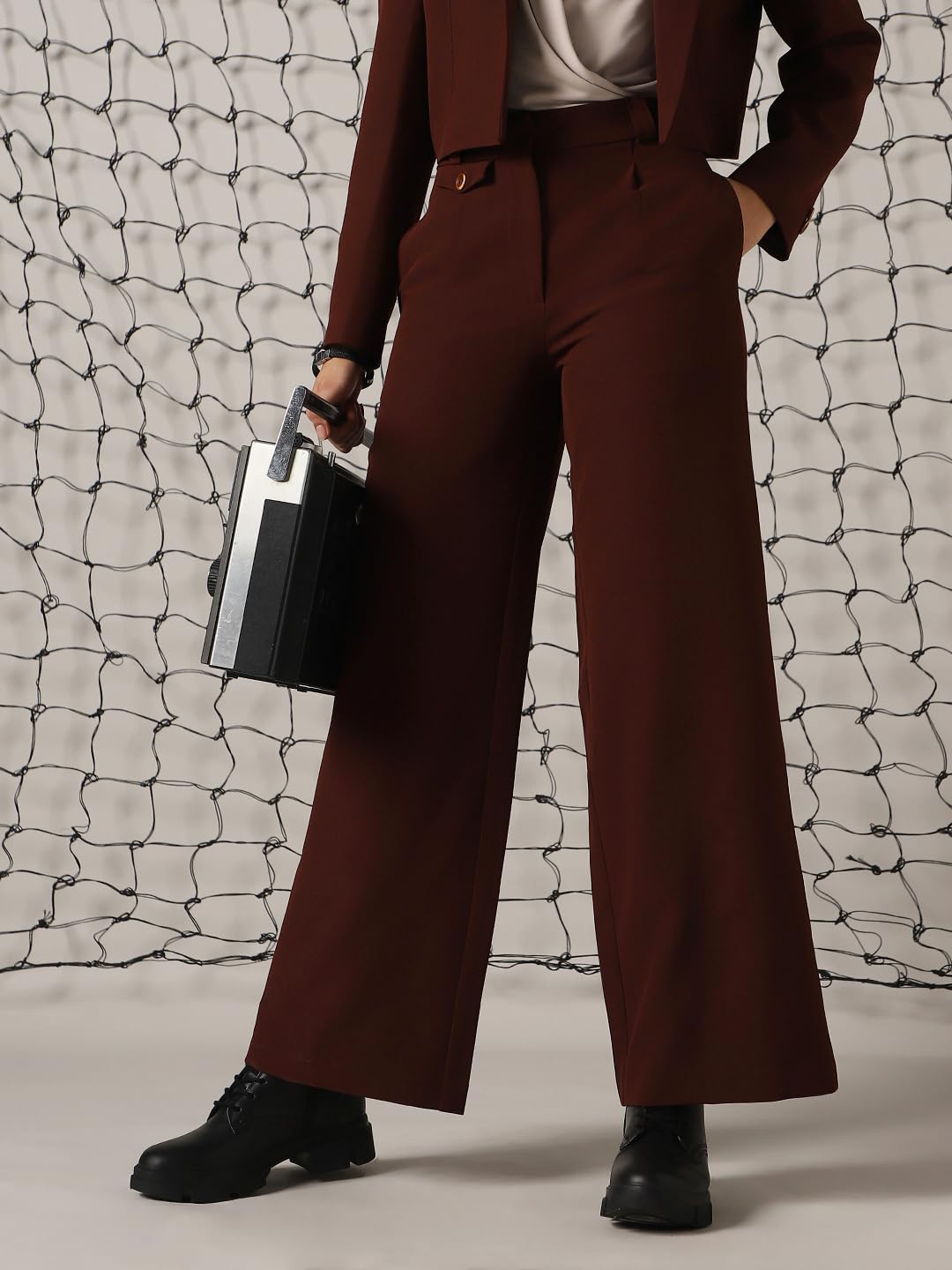 Hubberholme Women Solid Regular Length Wide Leg Trousers 1 Brown