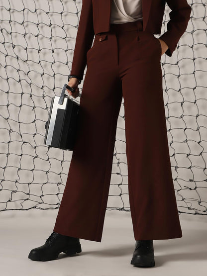 Hubberholme Women Solid Regular Length Wide Leg Trousers 1 Brown