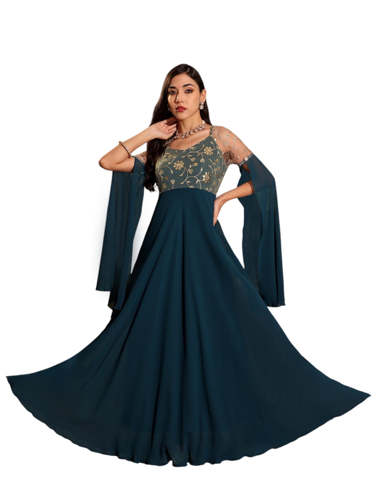 Miss Chase Womens Teal V-Neck Full Sleeve Embroidered Fit & Flare Georgette Maxi Dress (MCSS25D92-26-83-05, Teal, L)
