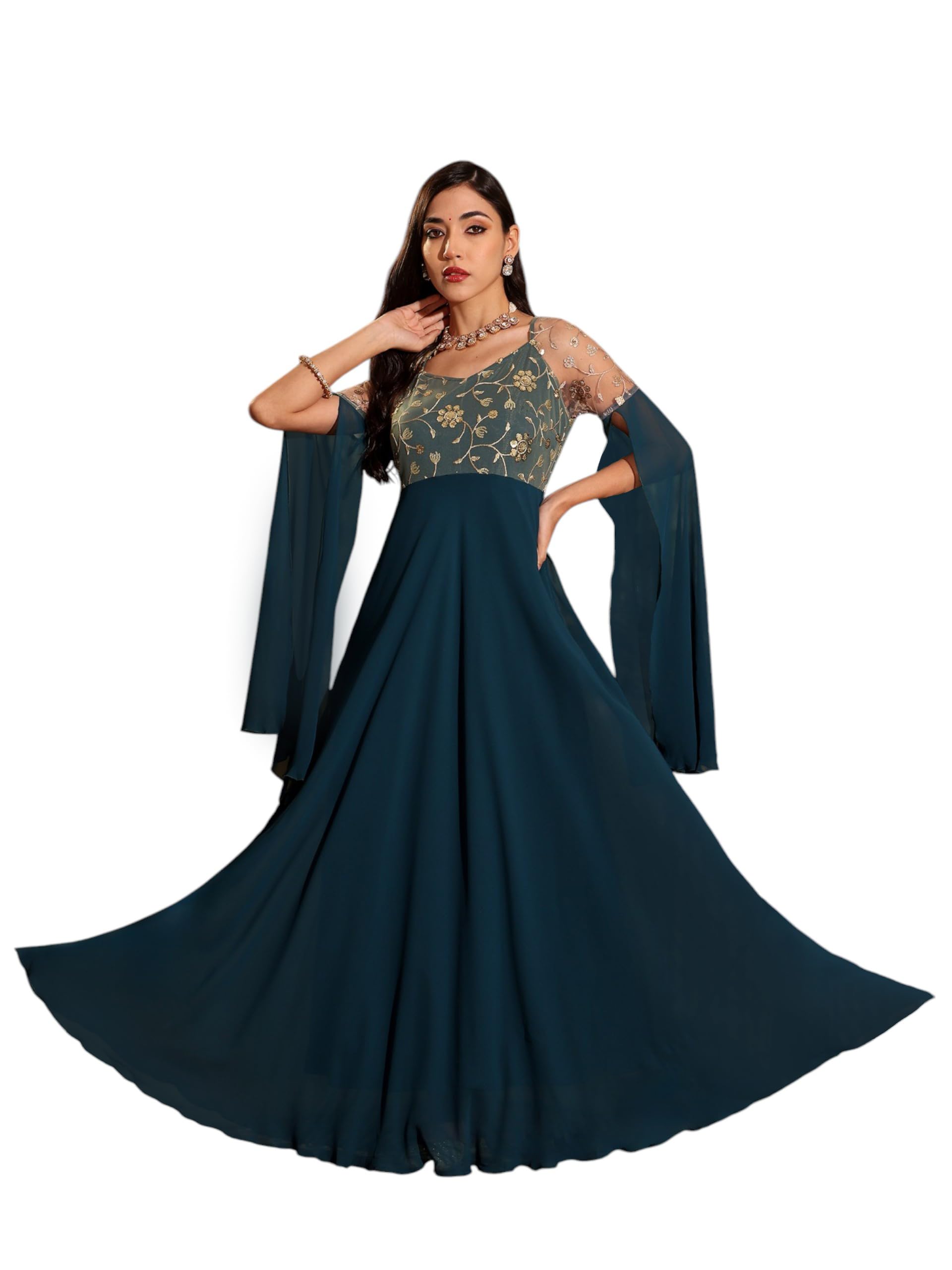 Miss Chase Womens Teal V-Neck Full Sleeve Embroidered Fit & Flare Georgette Maxi Dress (MCSS25D92-26-83-05, Teal, L)