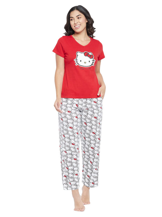 Clovia Womens Cotton Hello Kitty Printed Top & Pyjama Set (LS0413P04_Red & White_S)