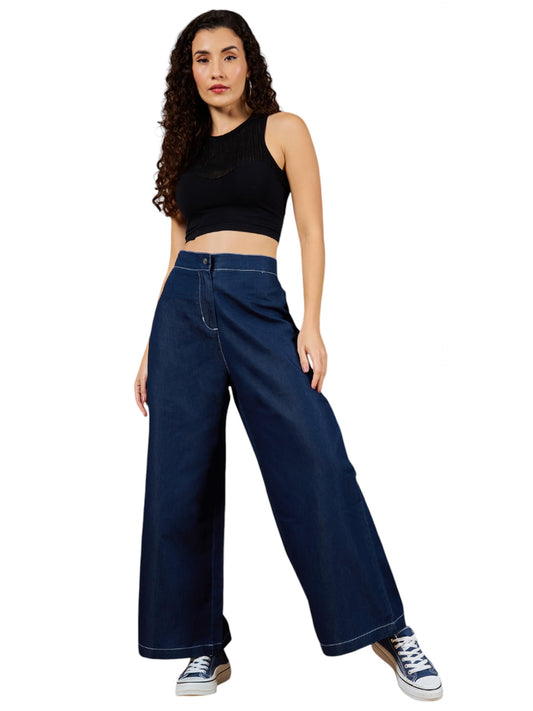 Dolce Crudo Womens Wide-Leg High Rise Regular Length Light Weight Denim Pants,(DOSS23DEN99-18-463-32, Classic Navy Blue, 32)