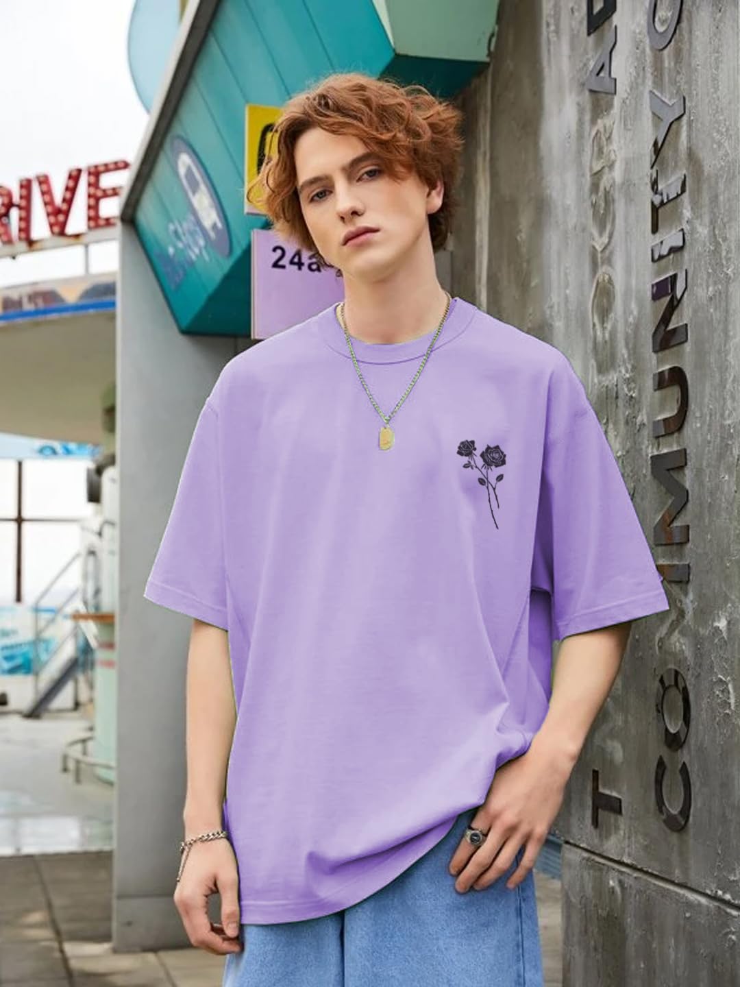 Rigo Printed Oversized T-Shirts for Men | Drop Shoulder T-Shirt for Men Light Purple