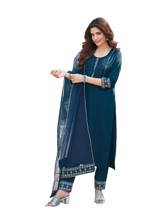 Sanisa WomenS Cotton Blend Sequence Embroidery Work Straight Kurta With Pant And Foil Printed Gota Lace Work Dupatta (137Kbd147