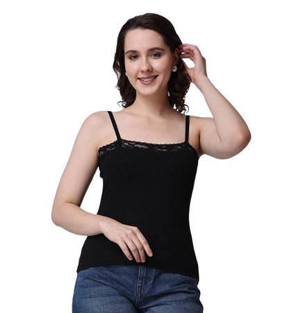 POPWINGS Women Casual Black Rib Solid Sleeve Self Design Noodle Strap Top