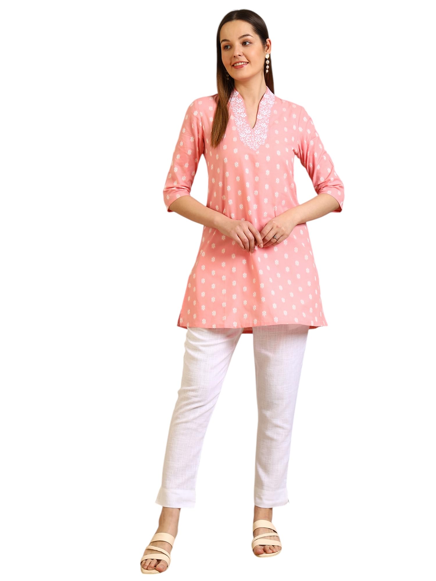 Aurelia Women's Pink Thread Embroidered Cotton Blend Straight Kurti (Size: S)-A30544-705483