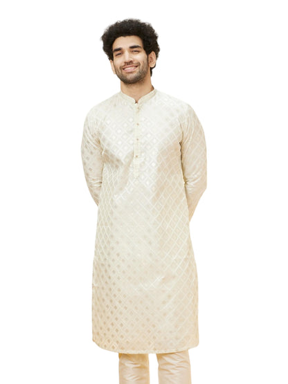 Manyavar Mens Green Chanderi Self Design Kurta Pyjama Set