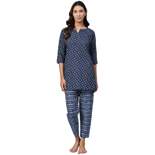 anubhutee Womens Cotton Blue Ethnic Motifs Printed Straight Night Suit with Top and Pyajamas