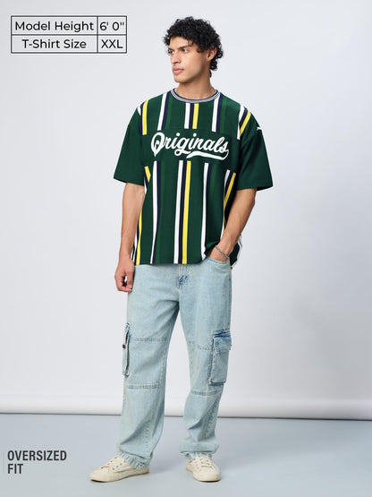 The Souled Store Stripes: Pacific Men and Boys Short Sleeves Round Neck Green Striped Cotton Oversized T-Shirts