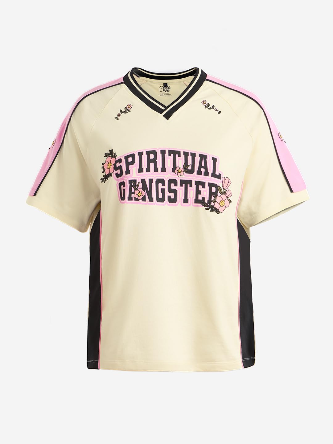 The Souled Store Spiritual Gangster Women and Girls Short Sleeves V Neck Off White and Pink Graphic Printed Cotton Oversized T-S
