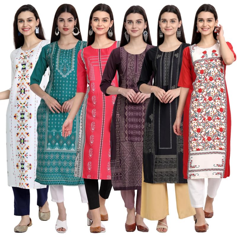 Tee Projekt Printed Crepe Kurti For Women Ll Vibrant Colour Kurti (Pack Of 6)