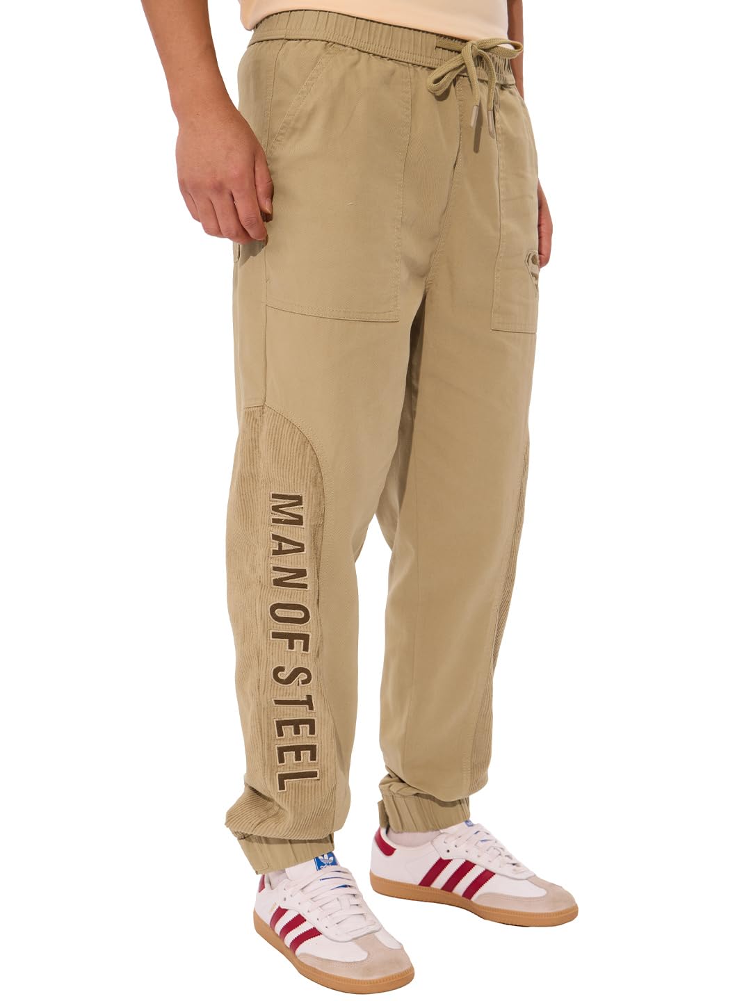The Souled Store Superman: Logo Men and Boys Drawstringed Beige Embroidered Baggy Fit Cotton Blend Joggers