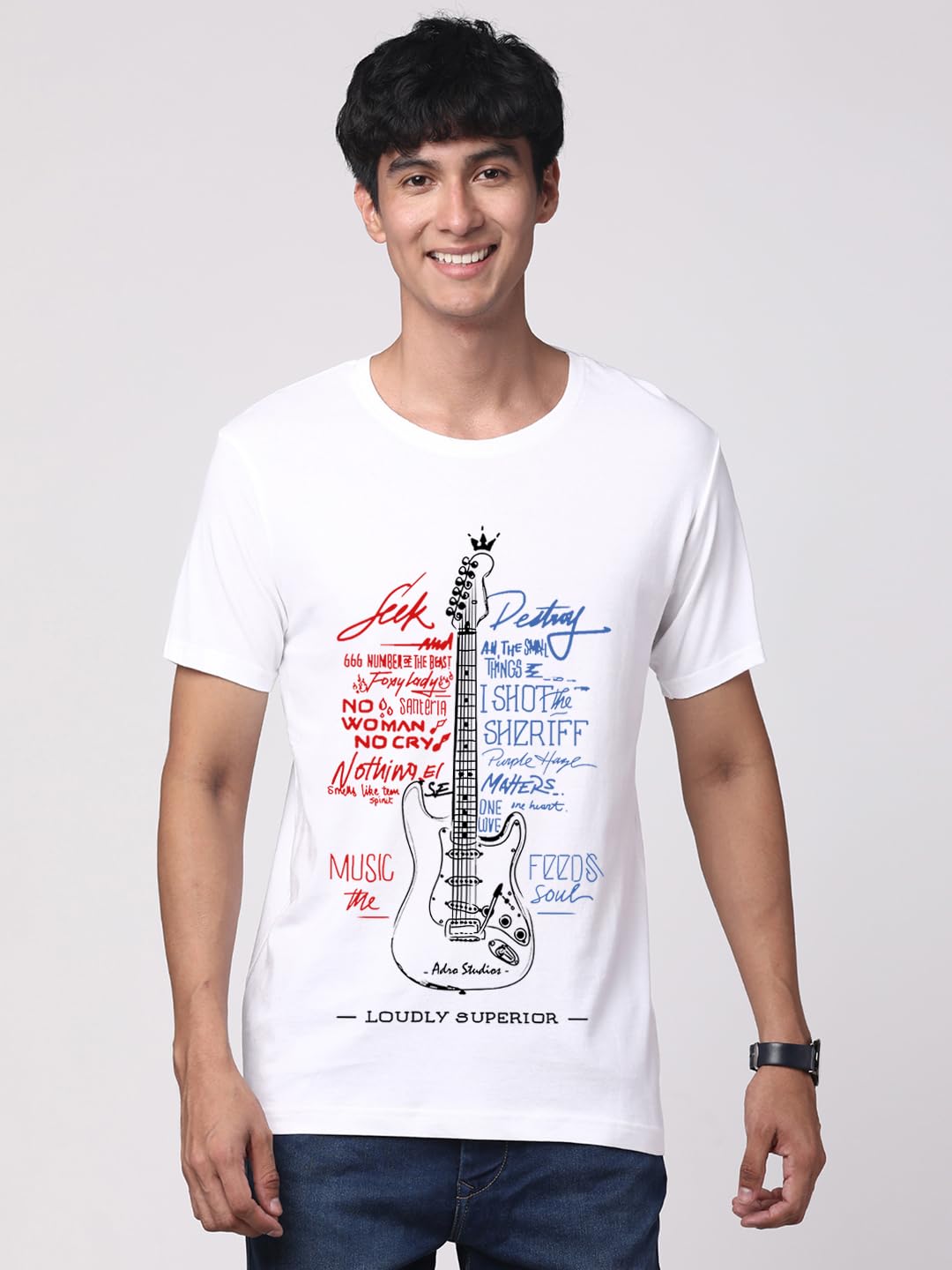 ADRO Guitar Design Printed T-Shirt for Men - 100% Cotton, Regular Fit, Soft Breathable Fabric. (RN23-M-GTR-WH_White)