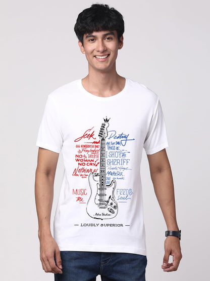ADRO Guitar Design Printed T-Shirt for Men - 100% Cotton, Regular Fit, Soft Breathable Fabric. (RN23-M-GTR-WH_White)