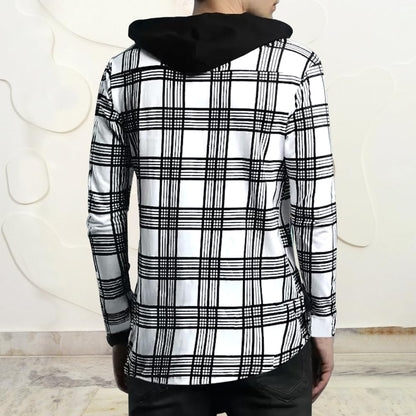 Noble Monk Mens Hooded Neck Full Sleeve Shirt | Regular Fit | Checkered Pattern | Casual Shirt For Men White Black