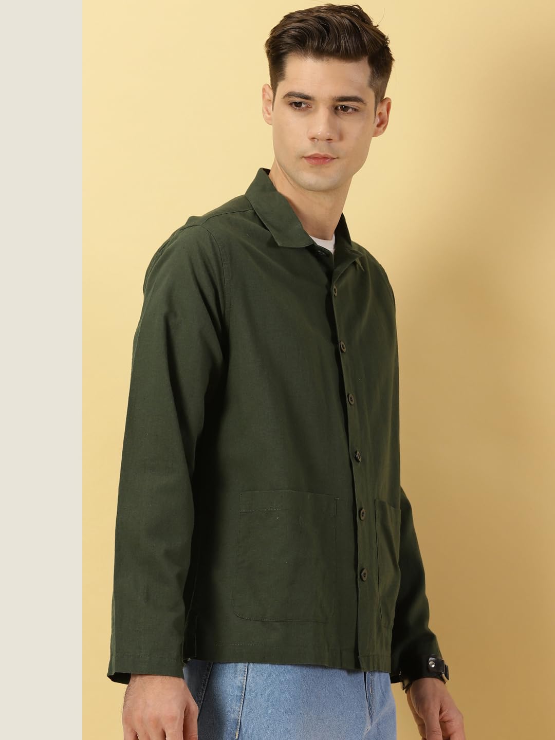 Thomas Scott Oversized Linen Double Pocket Solid Shirts for Mens Green