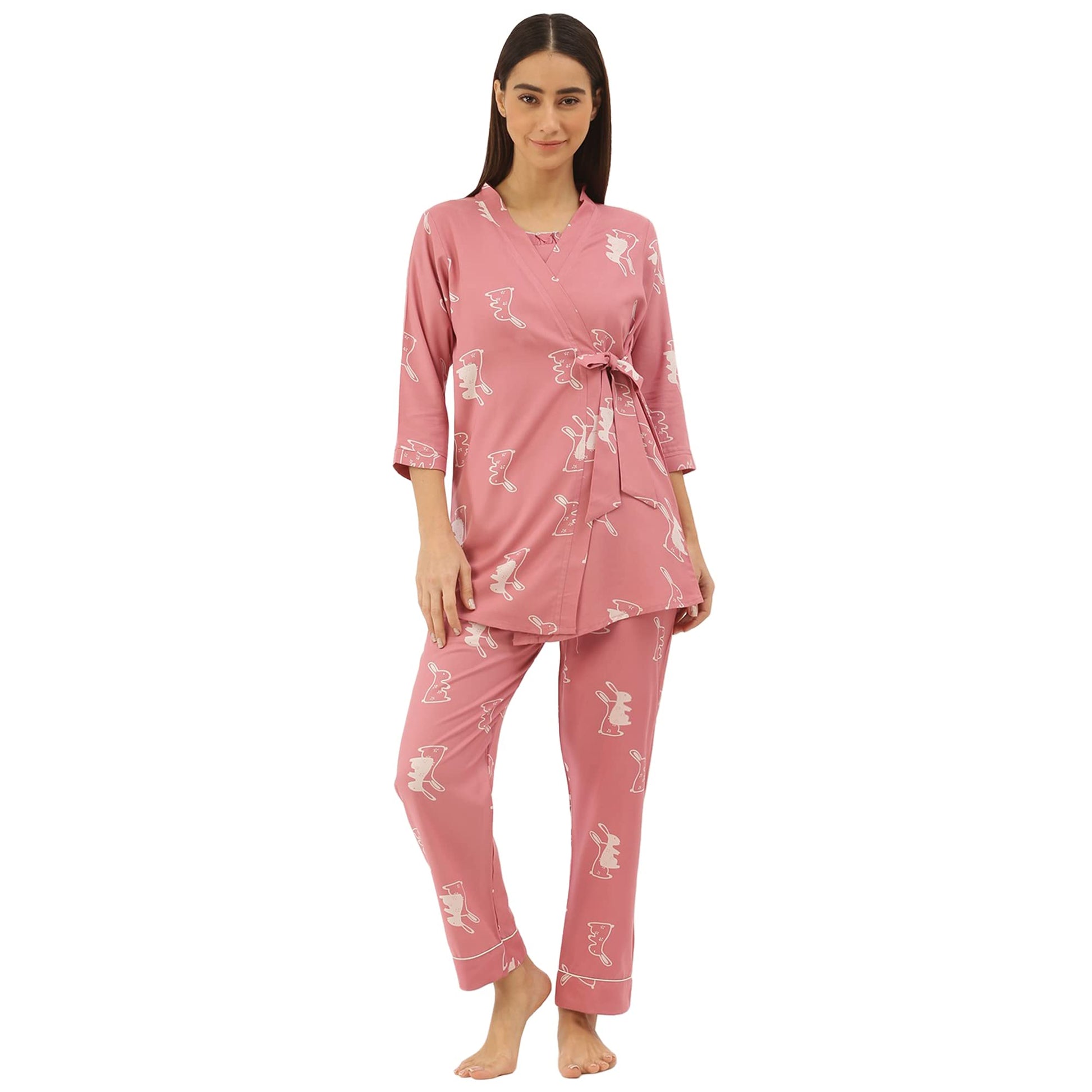 Sweet Dreams Women Printed Rayon 3 Piece Pyjama Set Pink