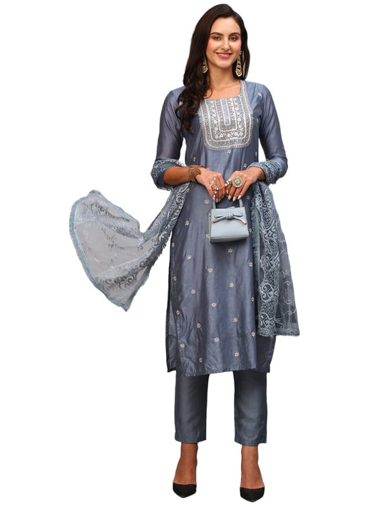 Gosriki WomenS Chanderi Cotton Embroidered Straight Kurta With Pant & Dupatta (Tula Grey-Nw-Gs_Xl_Grey_X-Large)