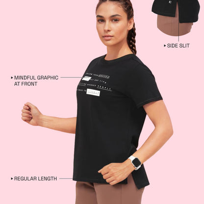 Enamor Womens Graphic Relaxed Fit T-Shirt (A301_Jet Black Dreams