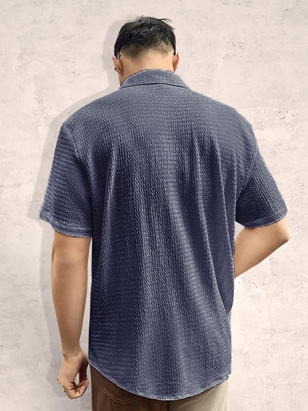 Tee Projekt Mens Popcorn Shirt Texture Pattern Mens Casual Shirt Half Sleeves Goa Beach Summer Shirt Grey