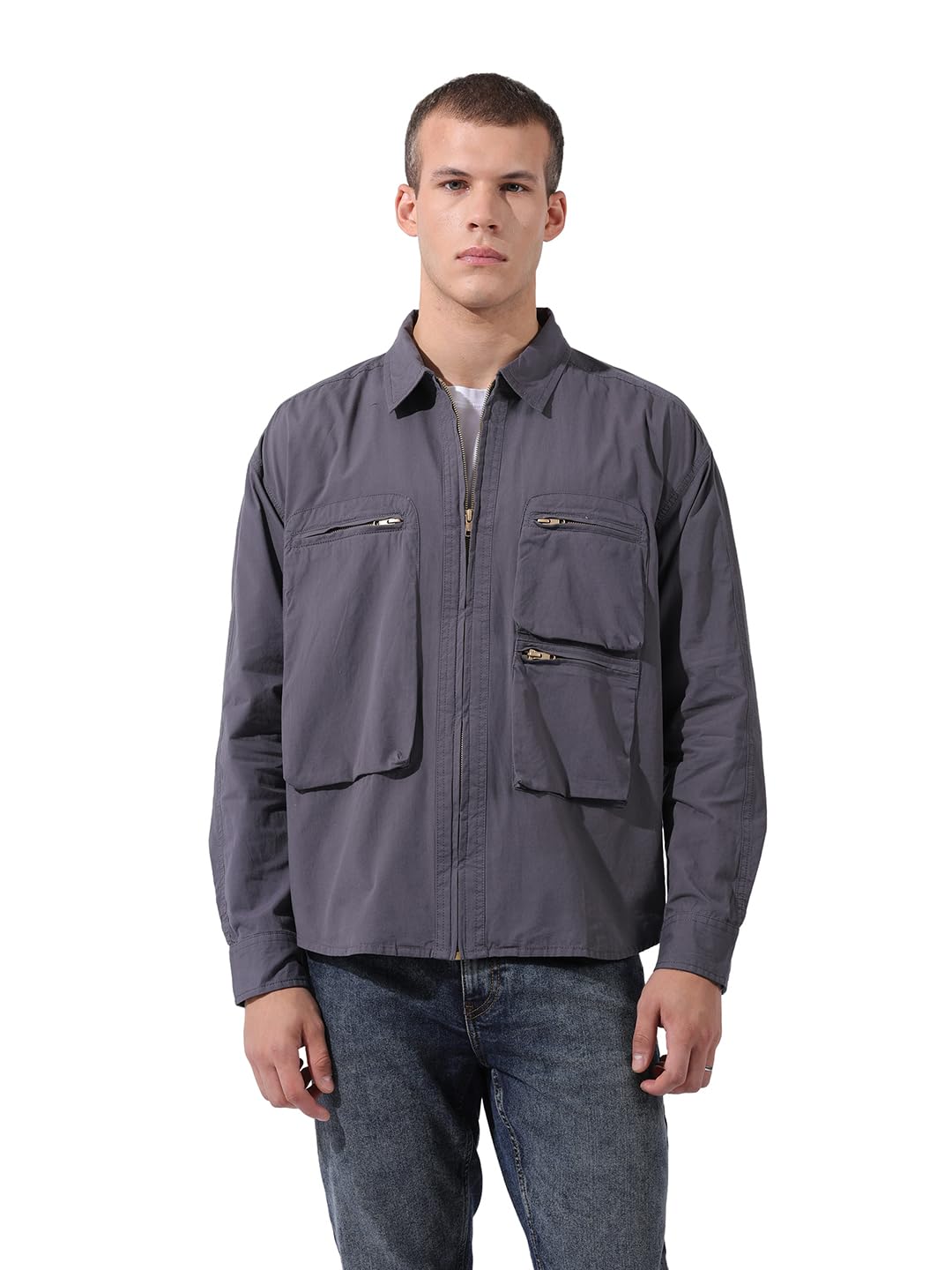 The Indian Garage Co Mens Boxy Solid Cutaway Collar Full Sleeves Korean Street Shirt