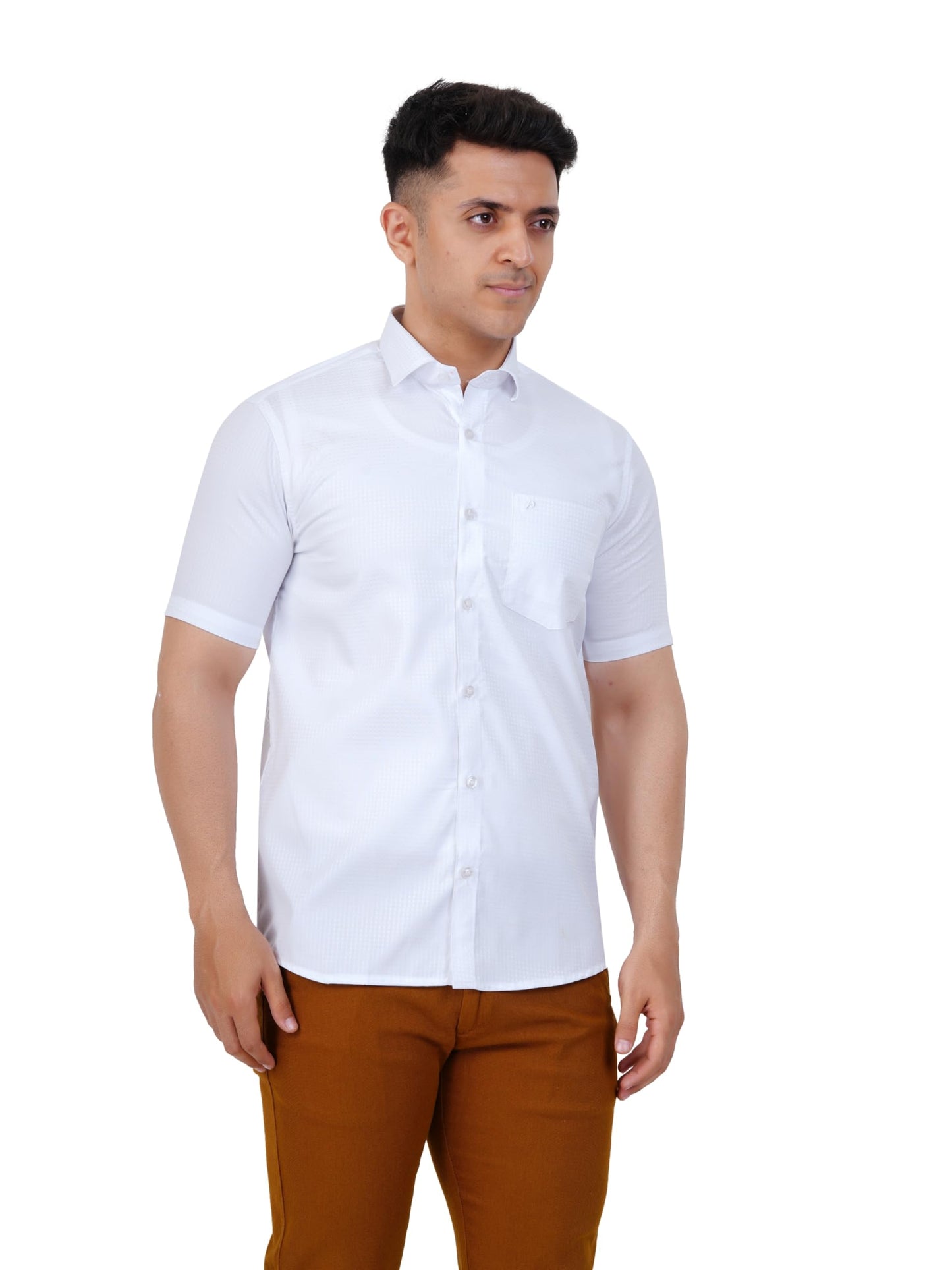PRAKASAM COTTON Self Design Poly Cotton Moon Light White Half Sleeve Shirt for Mens/Regular Fit Half Sleeve Shirt for Mens