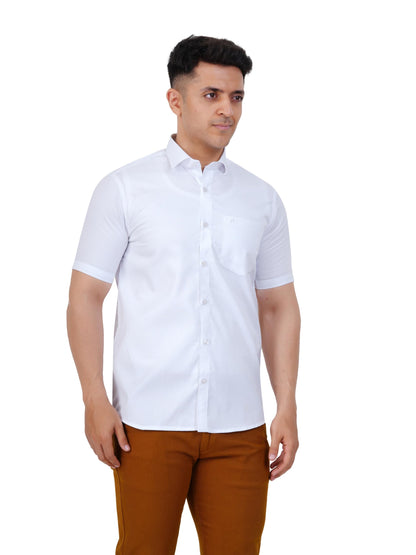 PRAKASAM COTTON Self Design Poly Cotton Moon Light White Half Sleeve Shirt for Mens/Regular Fit Half Sleeve Shirt for Mens