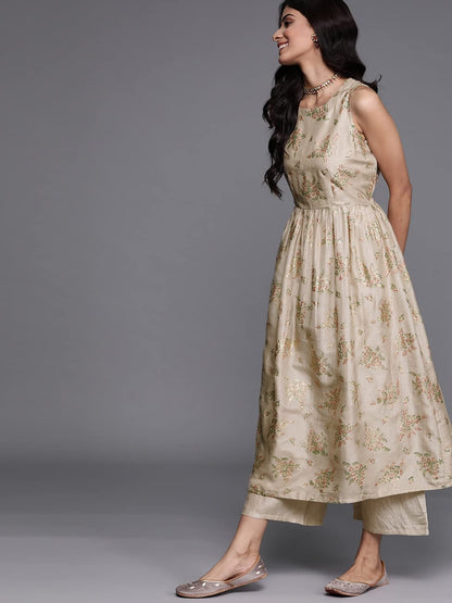 GoSriKi Women's Cotton Blend Floral Printed Anarkali Kurta with Palazzos & with Dupatta (Emozi-GS)