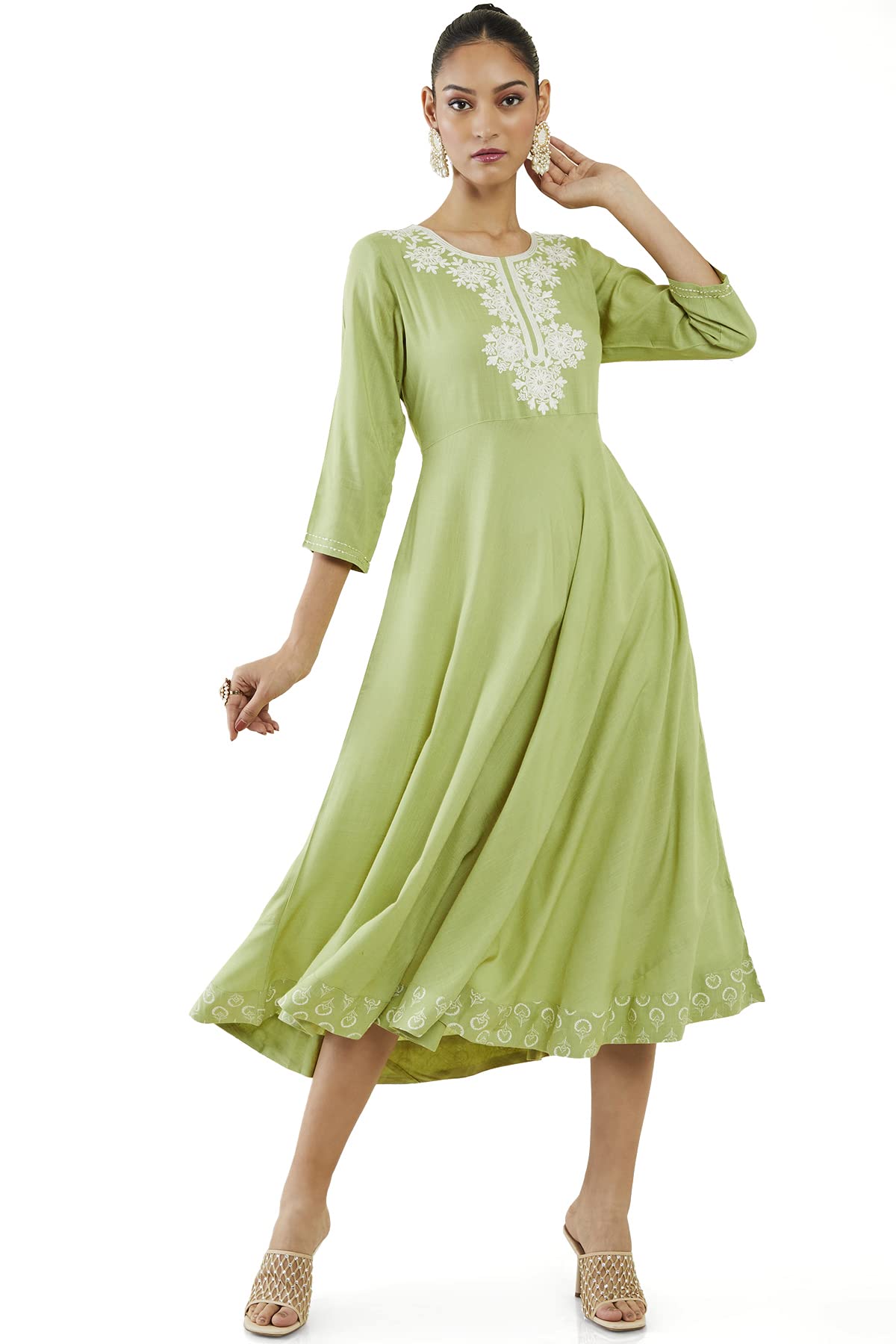 Soch Women Green Rayon Embroidered Dress Kurta