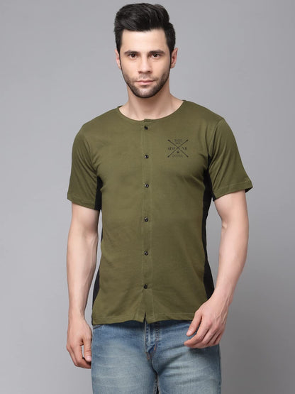 Rigo Men Olive Henley Colorblocked Half Sleeves Shirt