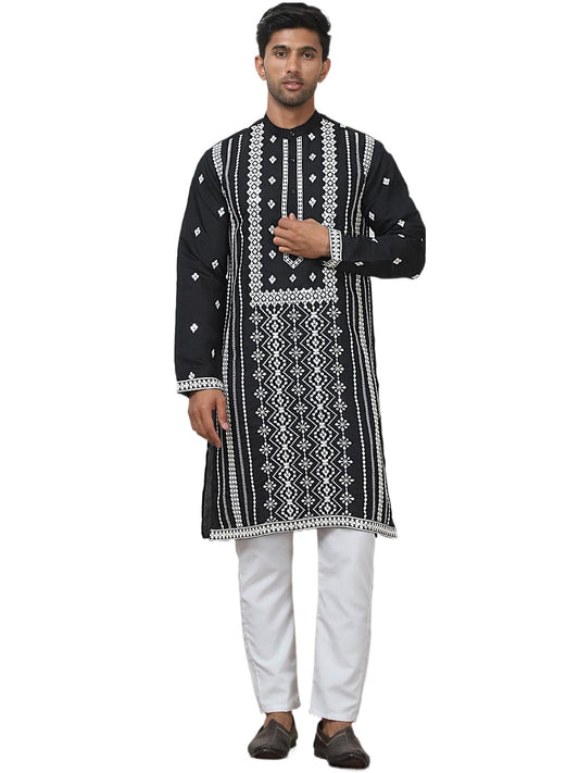 Jompers Mens Embroidered & Sequin Cotton Blend Kurta Pyjama Set
