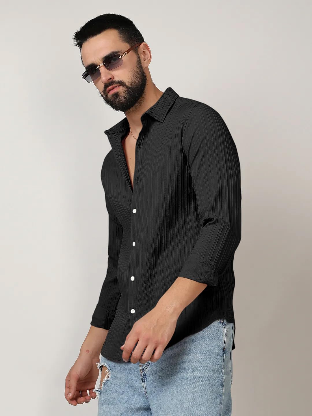Finivo Fashion MenS Casual Cotton Plain Button Down Shirts Long Sleeve Textured Summer Beach Shirt For Men Black