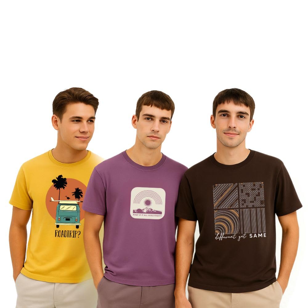 Nobero MenS Graphic Print Regular Fit T-Shirt (1M-Twts-C0948-216X_Mustard Yellow/Grape Nectar/Chocolate Fondant