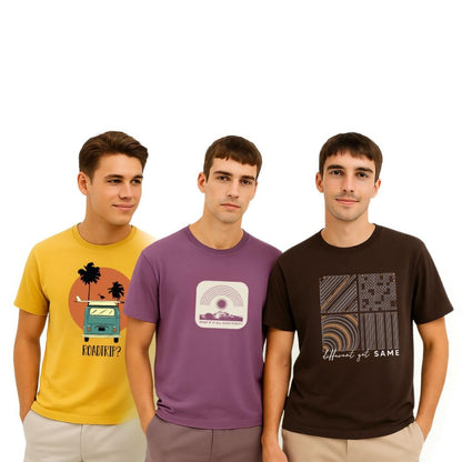 Nobero MenS Graphic Print Regular Fit T-Shirt (1M-Twts-C0948-216X_Mustard Yellow/Grape Nectar/Chocolate Fondant