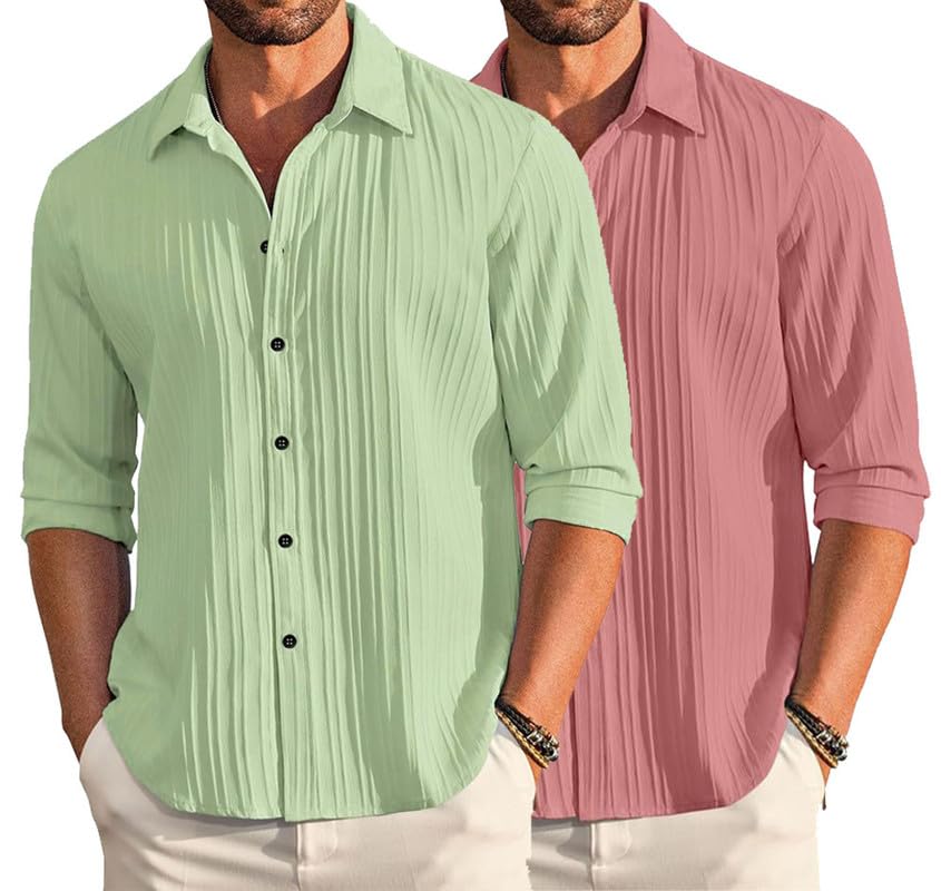 Deelmo Combo Of MenS Casual Button Down Shirts Long Sleeve Linen Shirt Fashion Textured Summer Shirts Pack Of 2