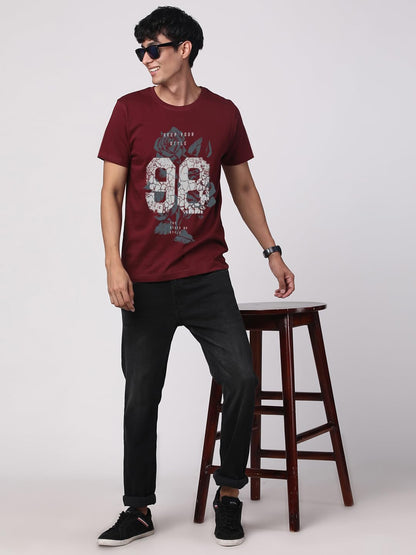 ADRO Graphic Printed T-Shirt for Men - 100% Cotton, Regular Fit, Soft Breathable Fabric. (RN23-M-98-MR_Maroon)