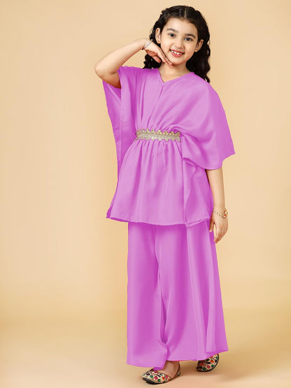 A.T.U.N. (ALL THINGS UBER NICE) Girls Solid Polysilk Mauve Kaftan with Flared Pant Set