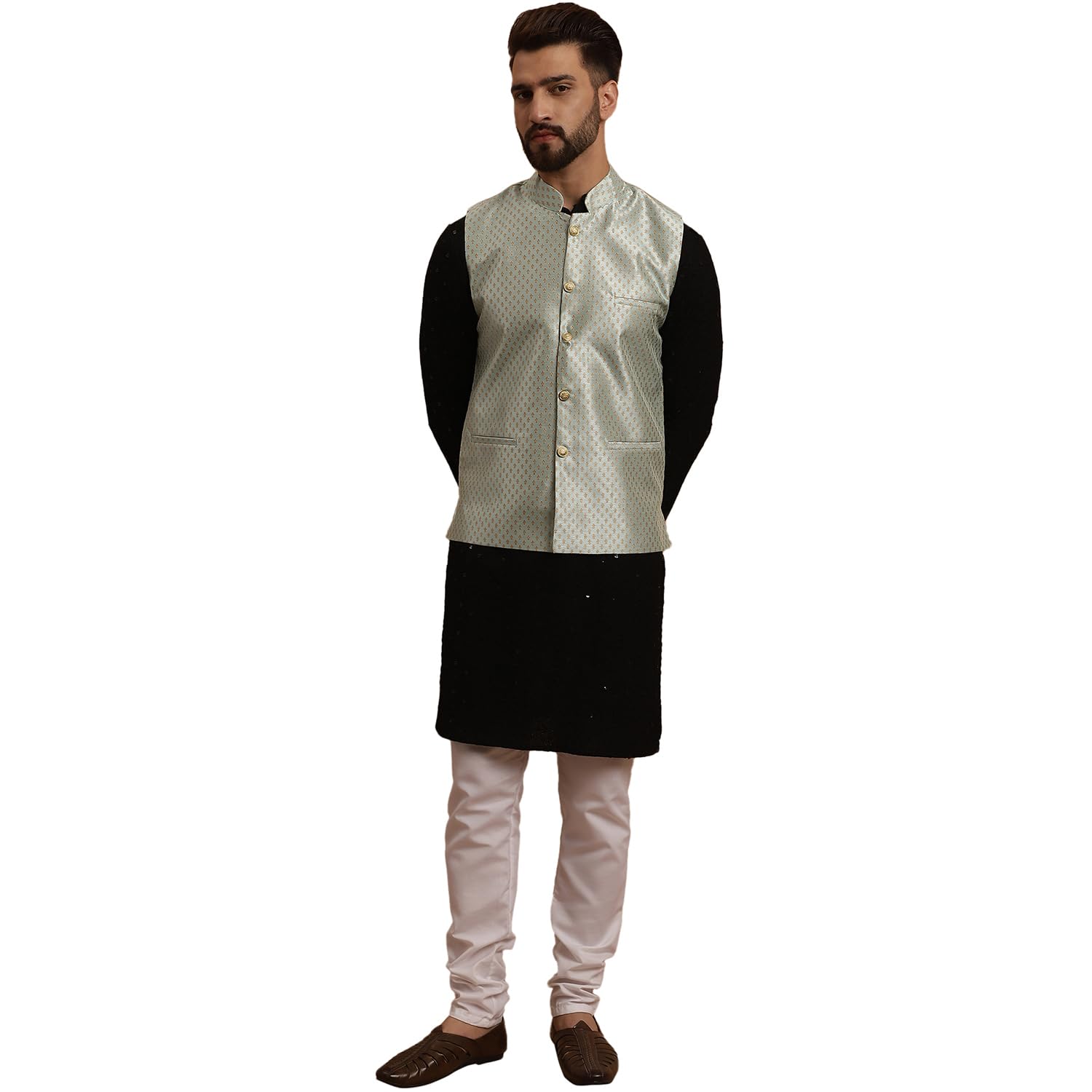 SOJANYA (Since 1958 Men's Cotton Black Kurta and White Pyjama With SeaGreen Silk Nehru Jacket