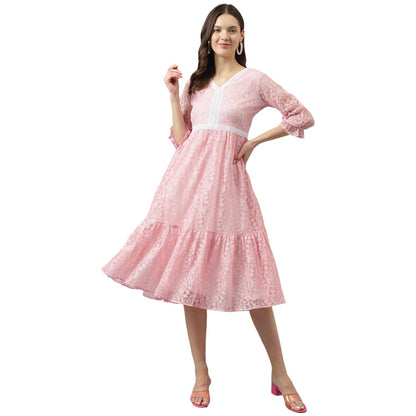 Toochki WomenS Baby Pink Russle Net Floral Tiered Western Dress | Dress For Women | A Line Dress | Winter Dress | Western Dress