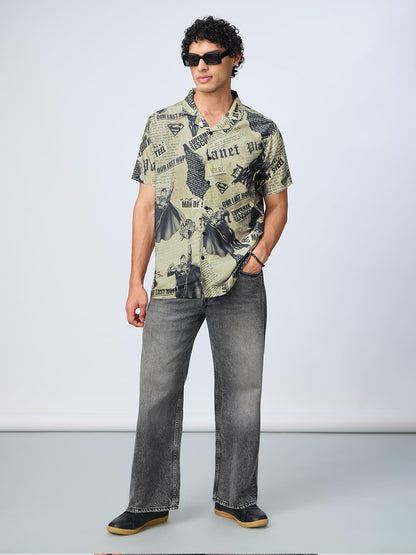 The Souled Store Superman: Its in The News Men and Boys Short Sleeves Collared Neck Button Front Grey All Over Printed Regular