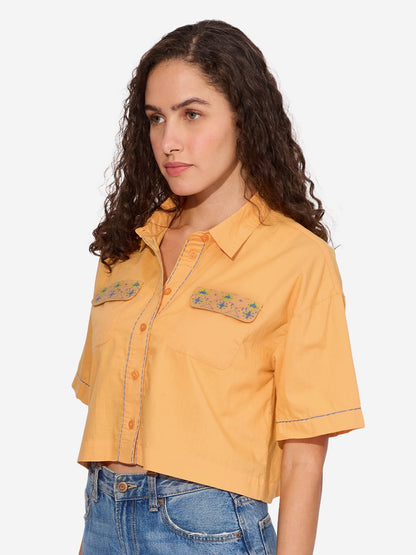 The Souled Store Aster Women and Girls Short Sleeves Collared Neck Button Front Cotton Oversized Cropped Shirts
