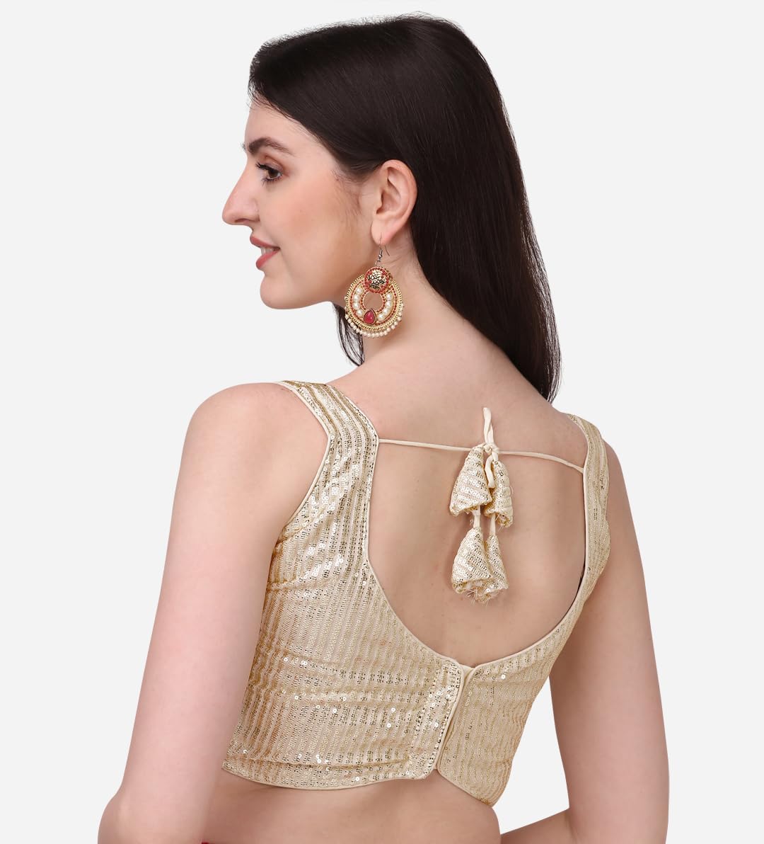 Pujia Mills Womens Multicolor Sweetheart Neck Georgette Line Soft Embroidery Sequence Zari Work Sleeves Readymade Saree Blouse