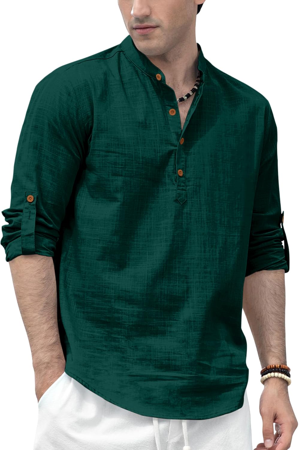 Zombom Mens Solid Cotton Blend Straight Kurta Shirt, Regular Fit Full Sleeve Short Kurta Shirt Green