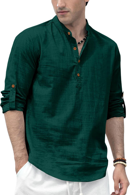 Zombom Mens Solid Cotton Blend Straight Kurta Shirt, Regular Fit Full Sleeve Short Kurta Shirt Green