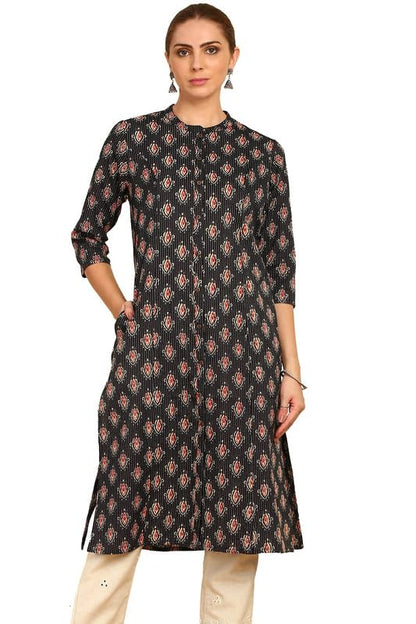 Soch Womens Black Ethnic Motif Printed Cotton Kurta with Mandarin Collar