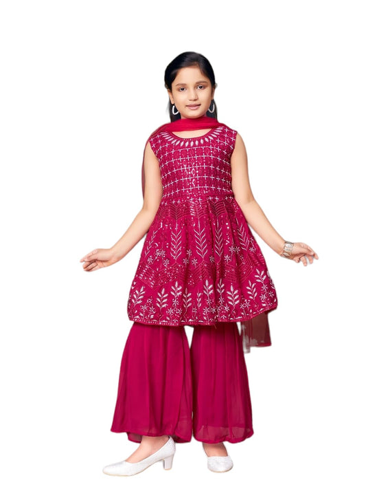 Aarika Girls Ethnic Wear Rani Colour Sequin Embroidery Georgette Kurti Sharara Set (4-10 Years)